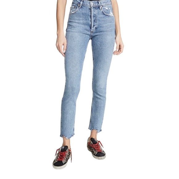 Agolde Denim - AGOLDE Nico High Rise Straight Leg Jeans‎ Light Wash Distressed Raw Hem Size 25